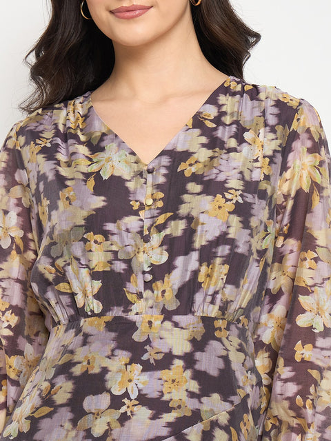 Madame Plum Floral Print Fit and Flare Dress