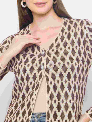 Madame Geometric Print Button Up Brown Cardigan