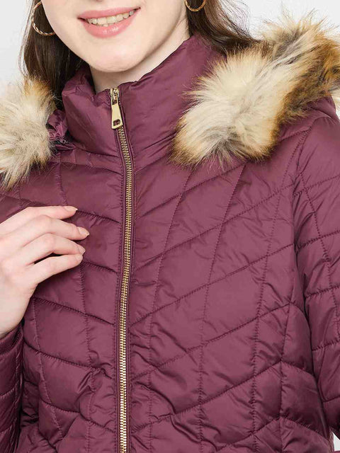 Madame Wine Colour Quilted Jacket with Faux Fur Hood