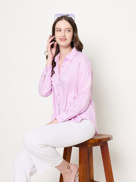 Madame Abstract Print Shirt Collar Purple Shirt