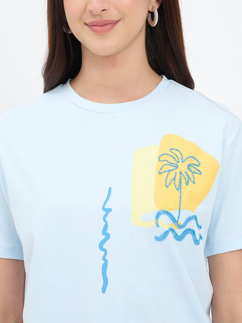 Madame Graphic Print Blue Cotton T-shirt