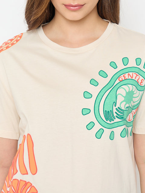 Madame Beige Printed Cotton Round Neck T-shirt