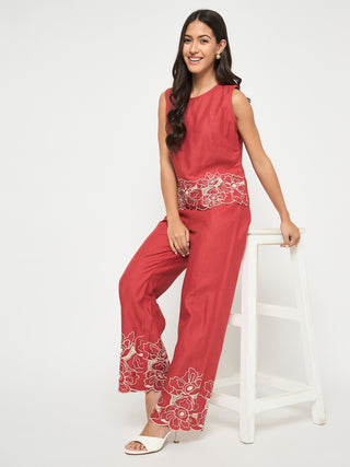 Madame Floral Embroidered Hem Top and Bottom Rust Red Co-ord Set