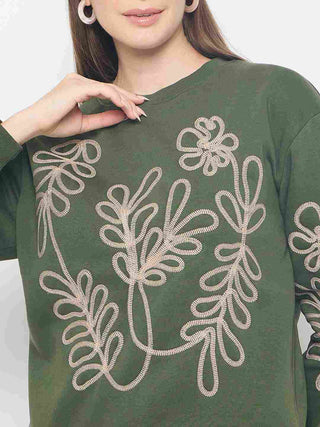 Madame Floral Embroidery Cotton Blend Green Sweatshirt