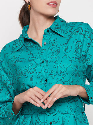 Madame Disney Printed Belted Green Mini Dress