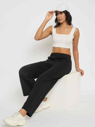 Madame Black Straight FIt Cotton Blend Track Bottoms