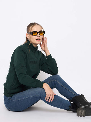 Madame Fleece Embroidery Detailed Turtleneck Bottle Green Sweatshirt