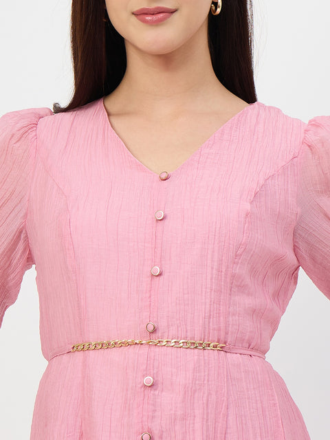 Madame Pink V-Neck Fit and Flare Lyocell Dress with Chain Belt
