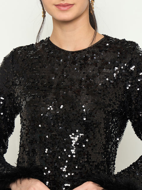 Madame Black Shimmery Midi Dress with Fur Flared Sleeves