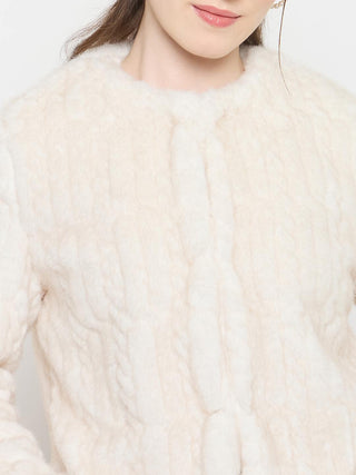 Madame Off White Round Neck Pearl Embellished Blazer