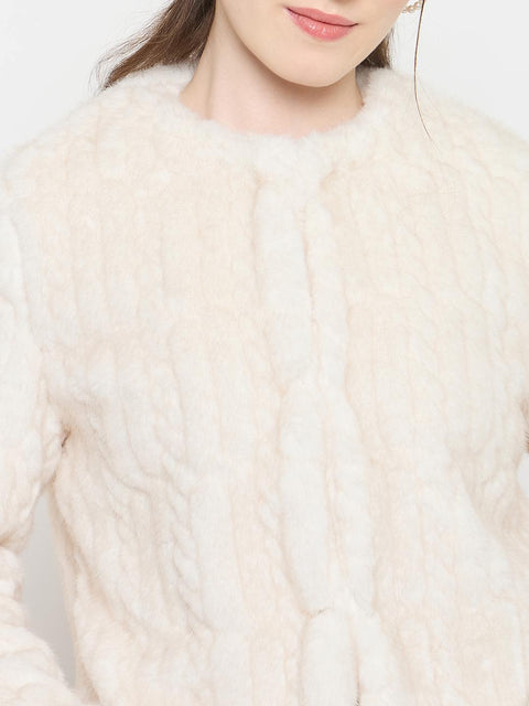 Madame Off White Round Neck Pearl Embellished Blazer
