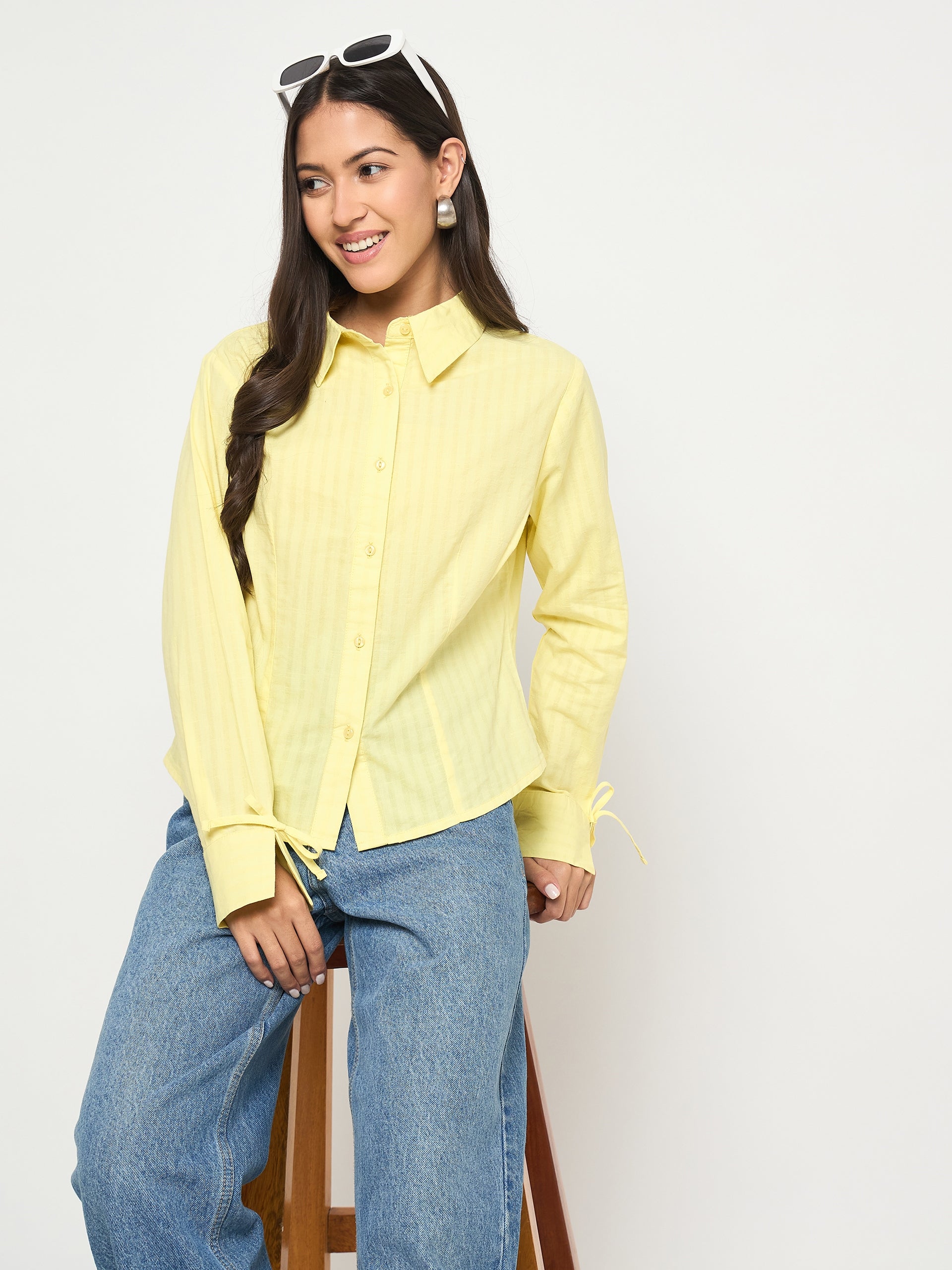 Madame Tie-Cuff Detail Striped Yellow Cotton Shirt color swatch