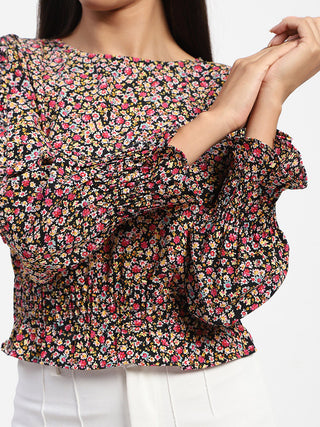Madame Floral Print Cinch Waist Black Top