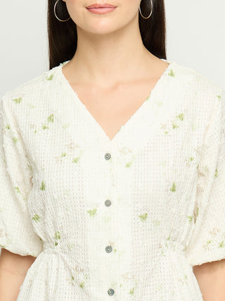 Madame Printed V Neck Green Top