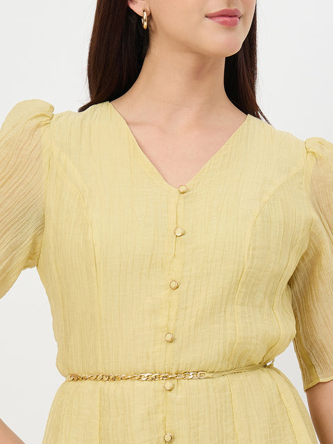 Madame Butter Yellow Fit and Flare Lyocell Dress with Chain Belt