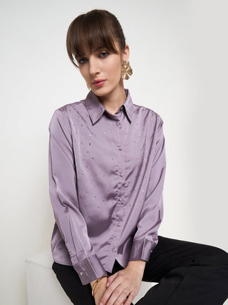 Madame Embellished Shirt Collar Solid Purple Shirt