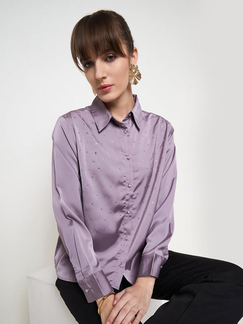 Madame Embellished Shirt Collar Solid Purple Shirt