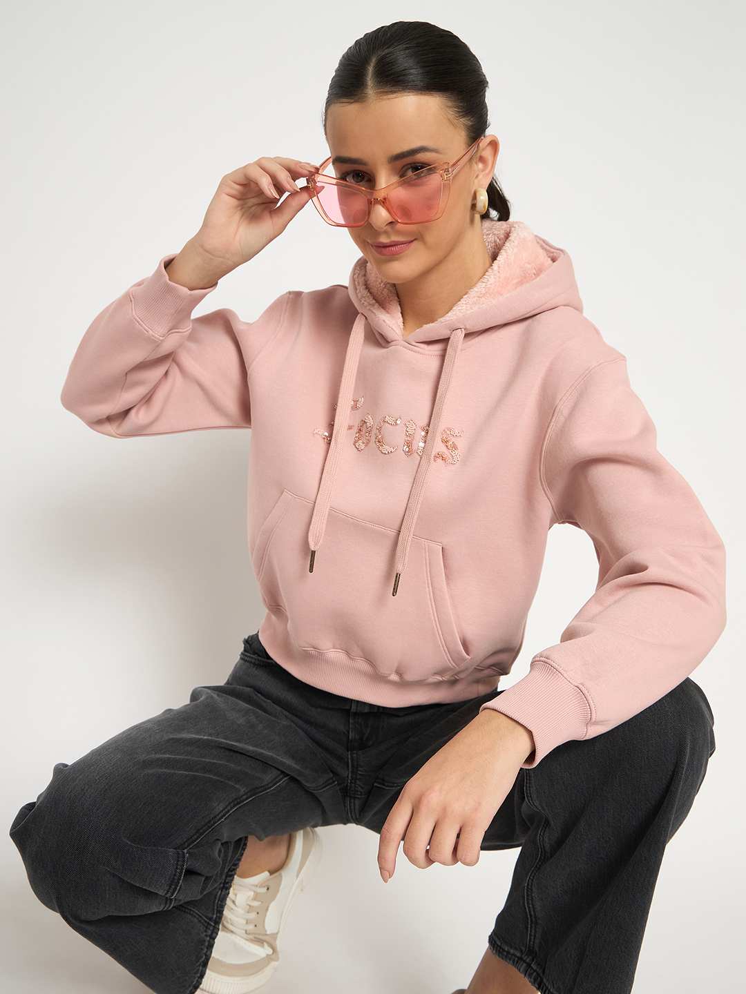 Madame Fleece Placement Printed Handwork Detailed Dusty Pink Sweatshirt color swatch