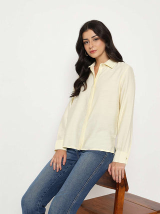 Madame Textured Solid Cream Rayon Blend Shirt
