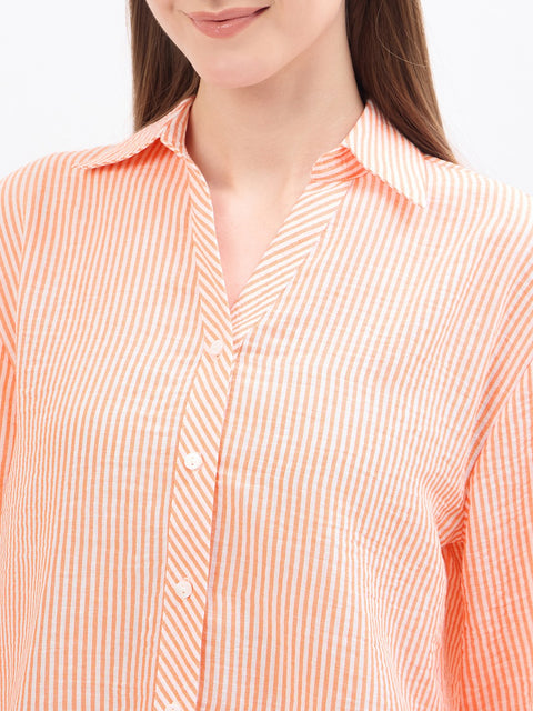 Madame Textured Solid Orange Shirt