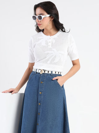 Madame Semi Sheer Botanical Pattern White Knit Top