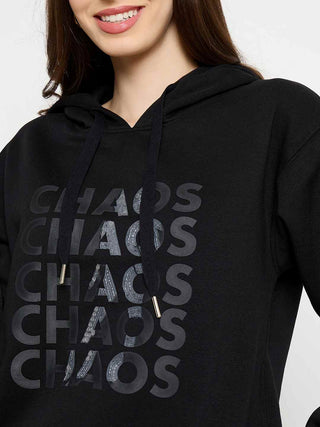 Madame Typograpy Print Hooded Cotton Blend Black Sweatshirt