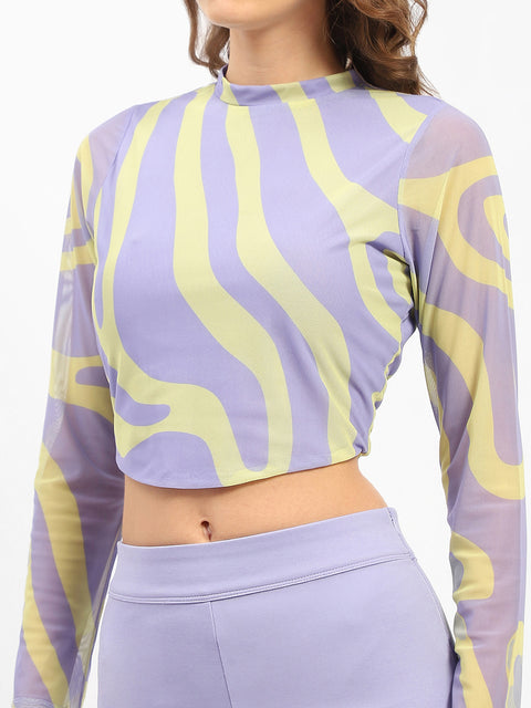 Madame Full Sleeve Wave Print Lilac Crop Top