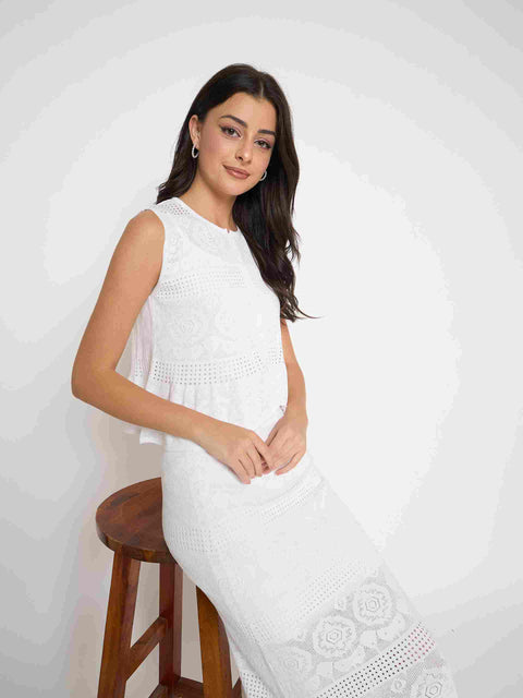 Madame Viscose Blend Top and Wide Leg Bottoms White Knitted Co-ord Set