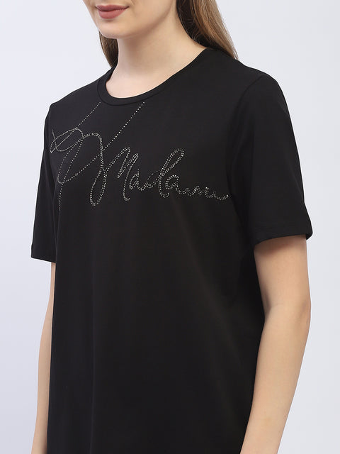 Madame Embellished Typography Black Regular T-Shirt