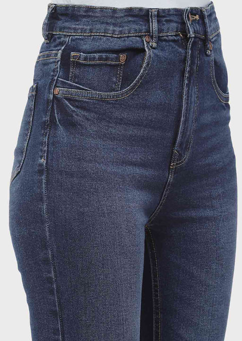 Madame High Rise Dark Blue Distressed Hem Flared Jeans