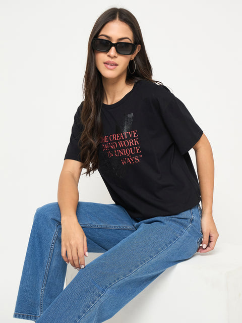 Madame Graphic Print Embellishment Black Cotton T-Shirt