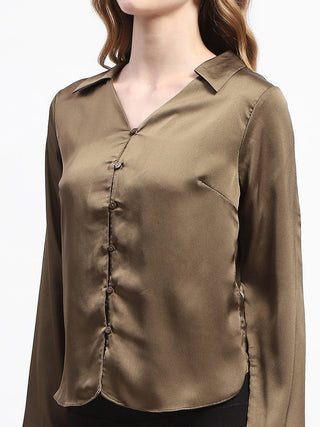 Madame Satin Bell Sleeve Collared Solid Olive Green Top