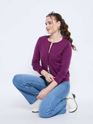 Madame Crew Neck Button Down Dark Purple Cardigan
