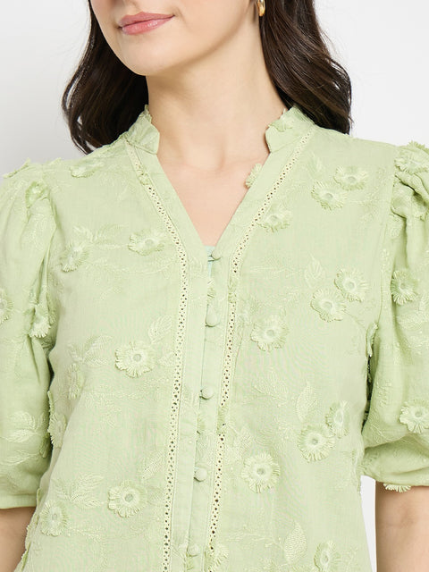 Madame Apple Green Cotton Mandarin Collar Top