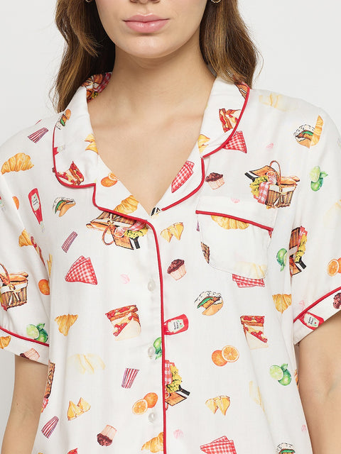 mSECRET Off White Printed Rayon Spread Collar Short Sleeve Night Suit