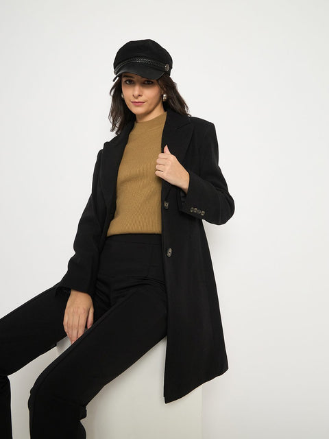 Madame Mélange Lapel Notched Front Pocketed Black Long Coat