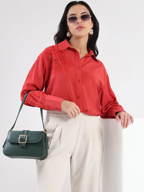Madame Embellished Patch Red Nylon Blend Shirt