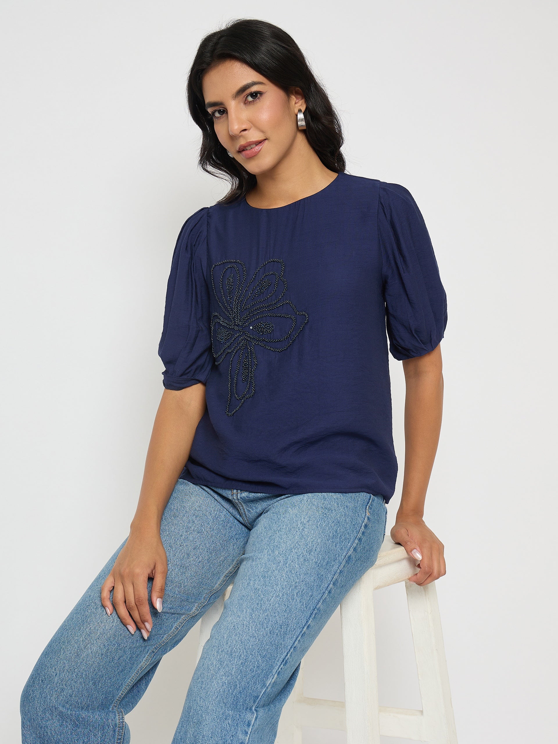 Madame Embellished Rayon Blend Navy Blue Top color swatch