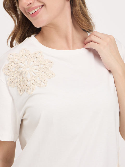 Madame Off White Embroidered Cotton Round Neck T-Shirt