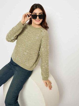 Madame Cable Knit Pearl Embellished Green Sweater