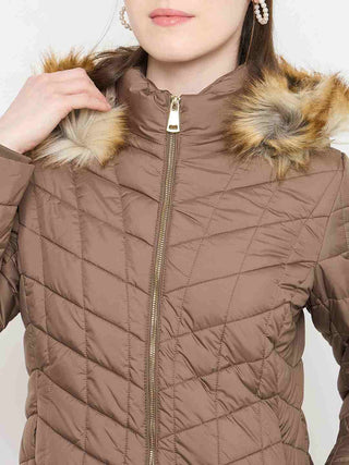 Madame Brown Colour Quilted Fur Hood Jacket