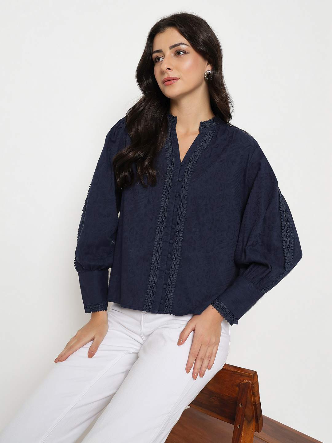 Madame Gathered Shoulders Navy Blue Cotton Top color swatch