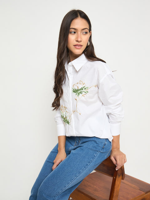 Madame Floral Embroidery White Cotton Shirt