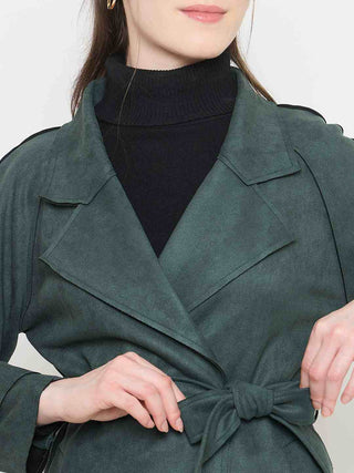 Madame Teal Trench Coat with Notched Lapel Neckline and Belt