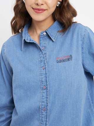Madame Typography Print Collared Cotton Blue Shirt
