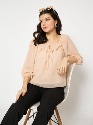 Madame Ruffle Detailed Square Neck Beige Top