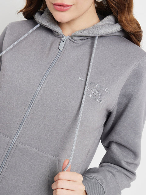 Madame Solid Grey Hooded Sweatshirt