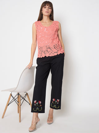 Madame Floral Embroidery Wide Leg Black Cotton Trousers