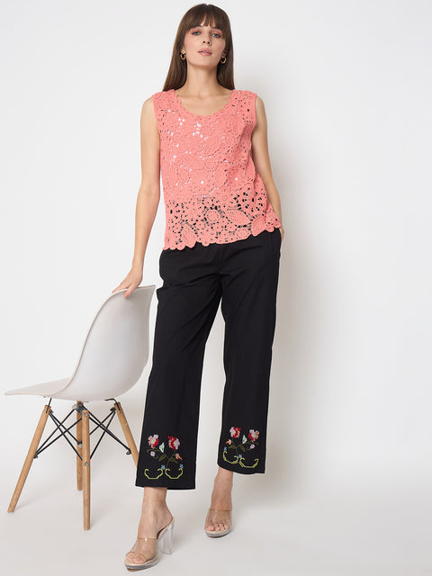 Madame Floral Embroidery Wide Leg Black Cotton Trousers