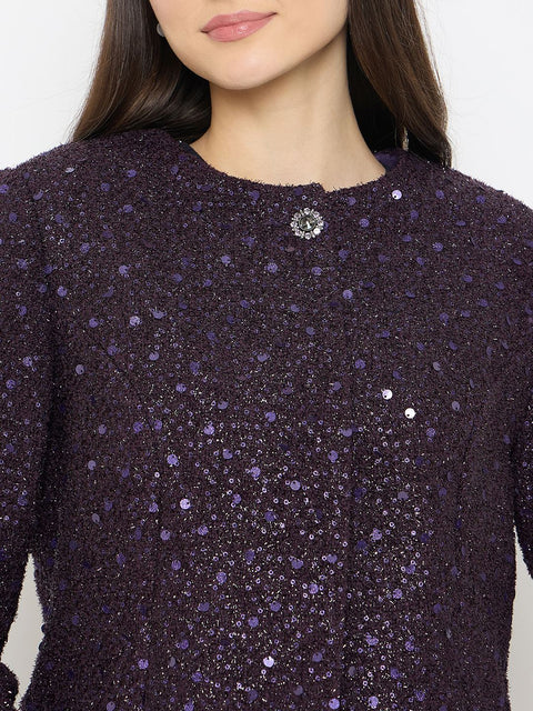 Madame Round Neck Tweed Dark Purple Blazer